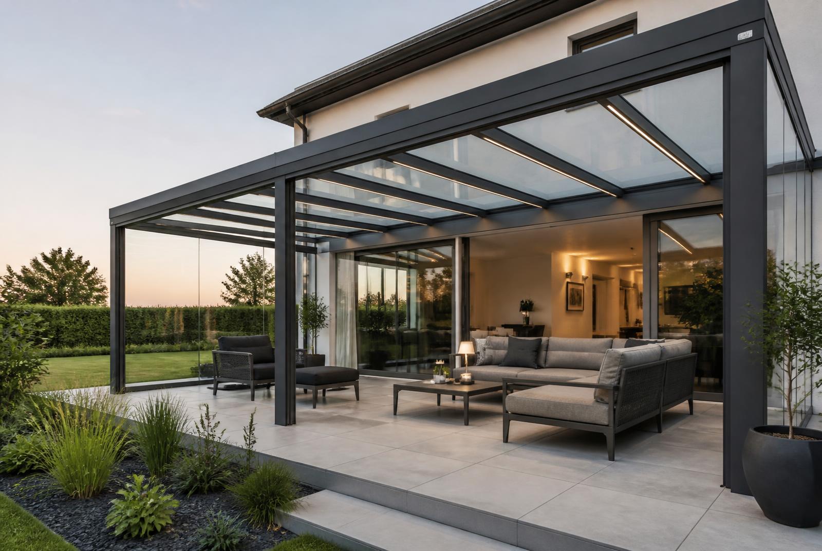 Veranda met glazen dak en aluminium profielen aan een moderne woning