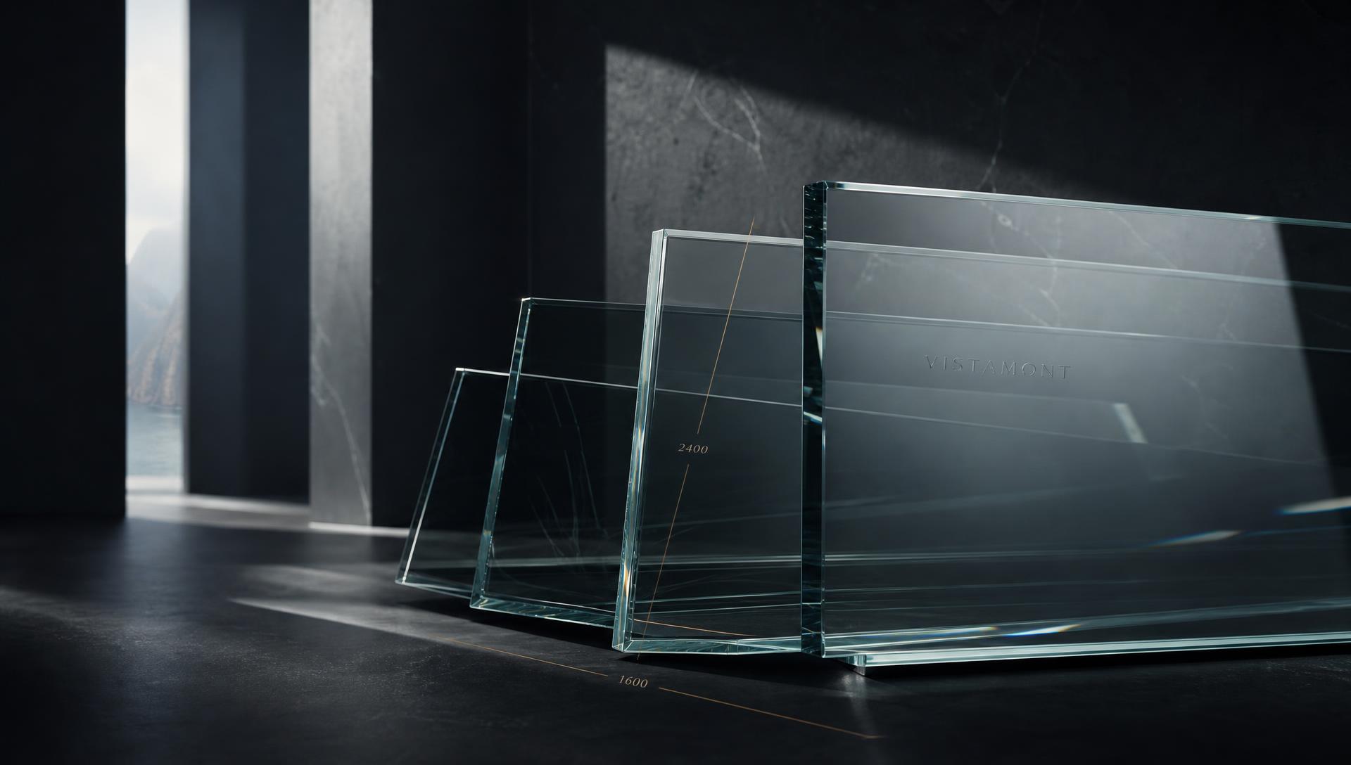 Glaspanelen op maat in een donkere architectonische ruimte